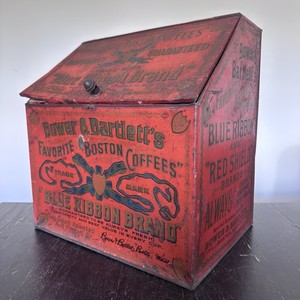 Large Antique Bower & Bartlett's Blue Ribbon Brand Boston Countertop Coffee Tin