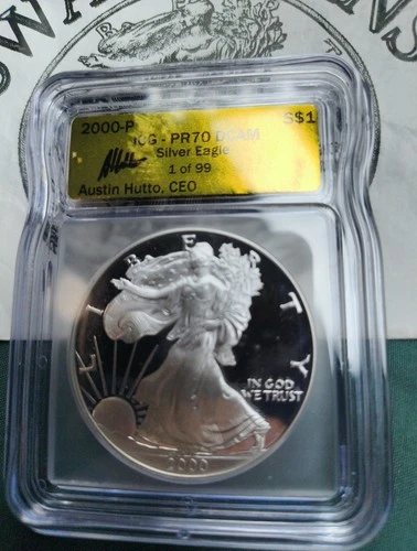 2000-P American Silver Eagle PR70 DCAM ICG Rare Gold Label EY116