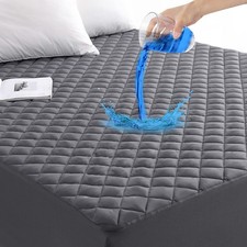 Cal King Size Grey Quilted Fitted Mattress Pad, 100 Waterproof Breathable Ma...