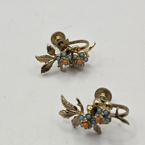 50's Turquoise Floral Earrings Clip-On Screw Back Stud Multi-Color Statement VTG - Picture 5 of 7