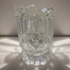 Antique L E SMITH Glass Spooner MOON & STARS Clear FOOTED Scalloped 5.5" T  READ