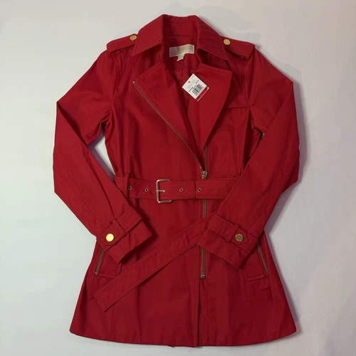 MICHAEL KORS trench donna con cintura accenti rosso oro taglia donna XS NUOVO $150