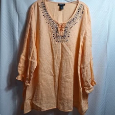 AVENUE 100% Linen Tunic Top Sz 26/28 Orange Embroidery Gemstones Coastal Beachy