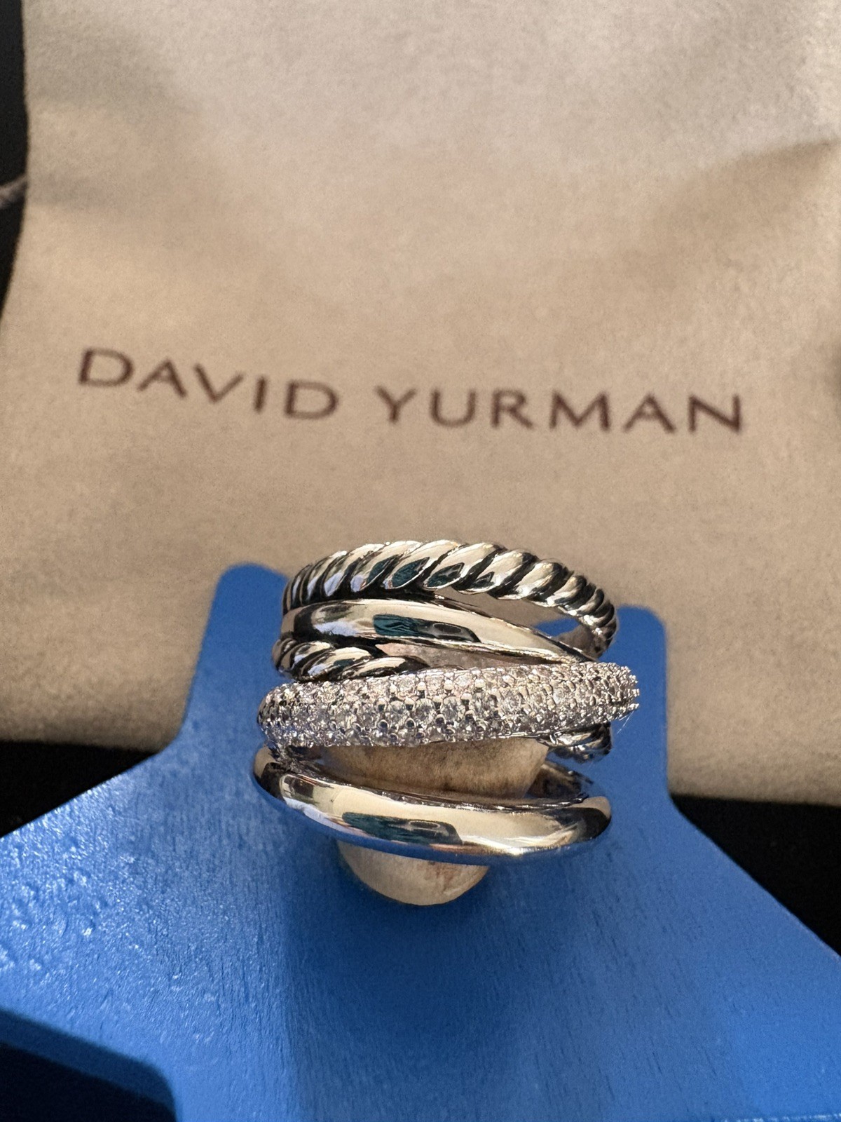 David Yurman Crossover Five Row Ring Sterling Silver Diamonds 17.5mm – US Size 8