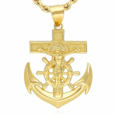 【美品】888Ｈｚ Jesus Christ ゴールド マドモアゼル・愛 巾着付 14K Yellow Gold Helm Jesus Christ Cross Anchor Pendant 1