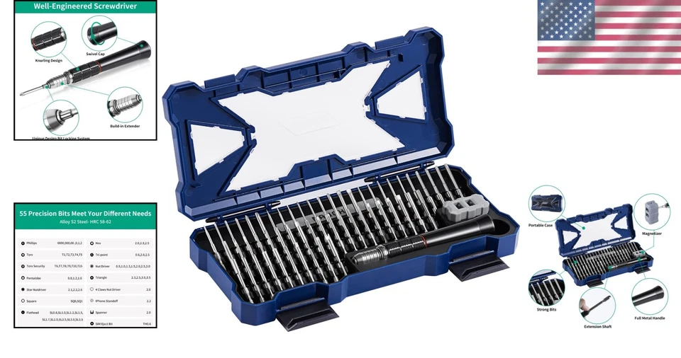 Ergonomic Precision Screwdriver Set with 55 Magnetic Bits for Electronics Repair - Image 2 of 4