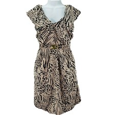 Animal Print Ruffle Sleeve V-Neck Belted Waist Zip Back Dress Tan Black