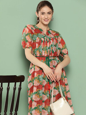Indian Women Girls Floral Printed Georgette A-Line Midi Dress with Tie-Up Detail | eBay Indian Women Girls Floral Printed Georgette A-Line Midi Dress with Tie-Up Detail | eBay