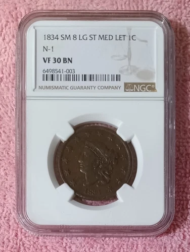 1834 Large cent, Small 8-Lg Stars-Medium Letters, N-1, Double Profile, NGC VF30