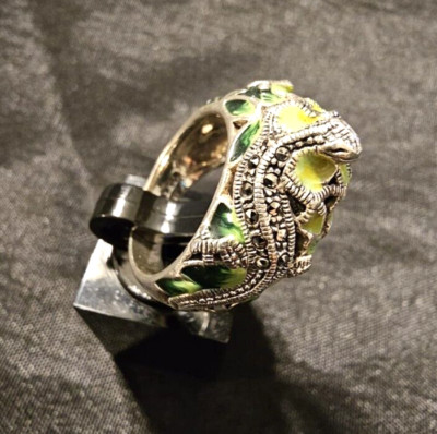 Ring Markasit Eidechse Schlange Sterling 925 mit grüner Emaille Gr. 6,5 schwer