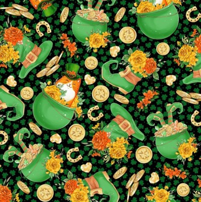 Feline Drive Fabric ST PAT'S CATS Irish Medley Black Sold by the Yard