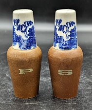 Vintage Faux Wood - Blue & White Porcelain Salt & Pepper Shakers