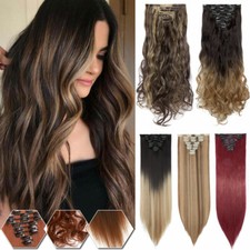 US Real Clip in Hair Extensions 8 Pcs Curly Wavy Thick Full Head Long as Human H