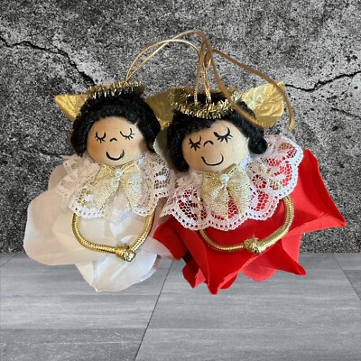 2 Vintage Handmade Red & Ivory Rose Angel Chrismas Ornaments 3 