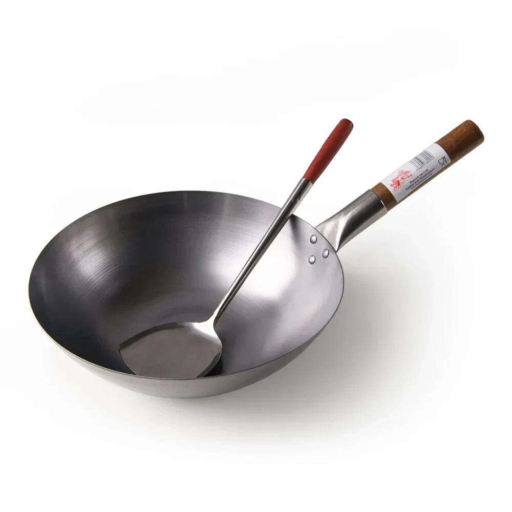 14" Round Base Chinese Carbon Steel Wok & 20'' Wooden Handle Wok Shovel Flat