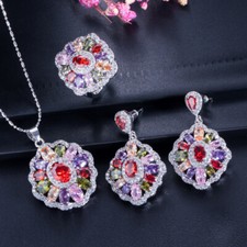 Colorful Pendant Necklace Earrings Ring Silver Plated Women CZ Party Jewelry Set