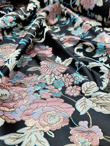 Brocade Floral Pink Lavender Multicolor Damask Fabric By The yard Black Jacquard - Picture 10 of 12
