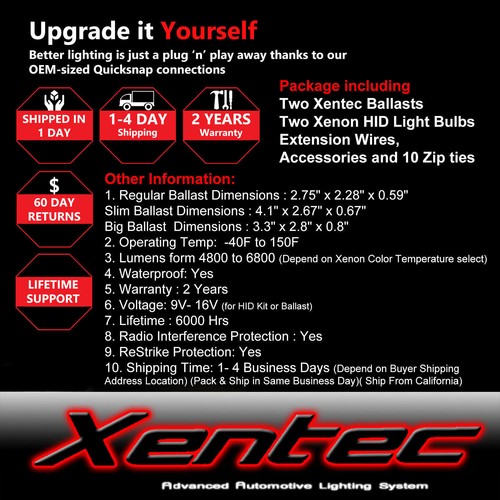 XENTEC HID Conversion Kit - 55W BiXenon Headlight Bulbs - H4 H7 9005 9006 Etc - 6000K White Or Colors 10 thumbnail image