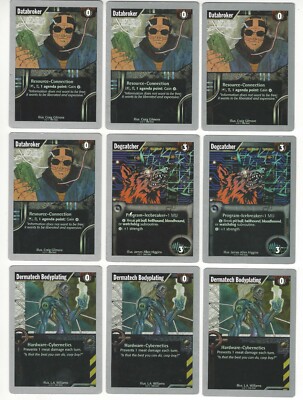9X 1996 NETRUNNER CCG Dermatech Bodyplating Databroker Dogcatcher Cards