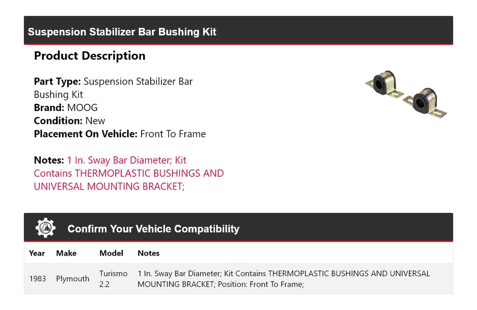 Kit de buje de barra estabilizadora de suspensión 2.2 MOOG para Plymouth Turismo 1983 Foto 2 de 4