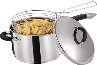 Royal Cuisine Edelstahl Frittierpfanne mit Korb und Deckel Chip