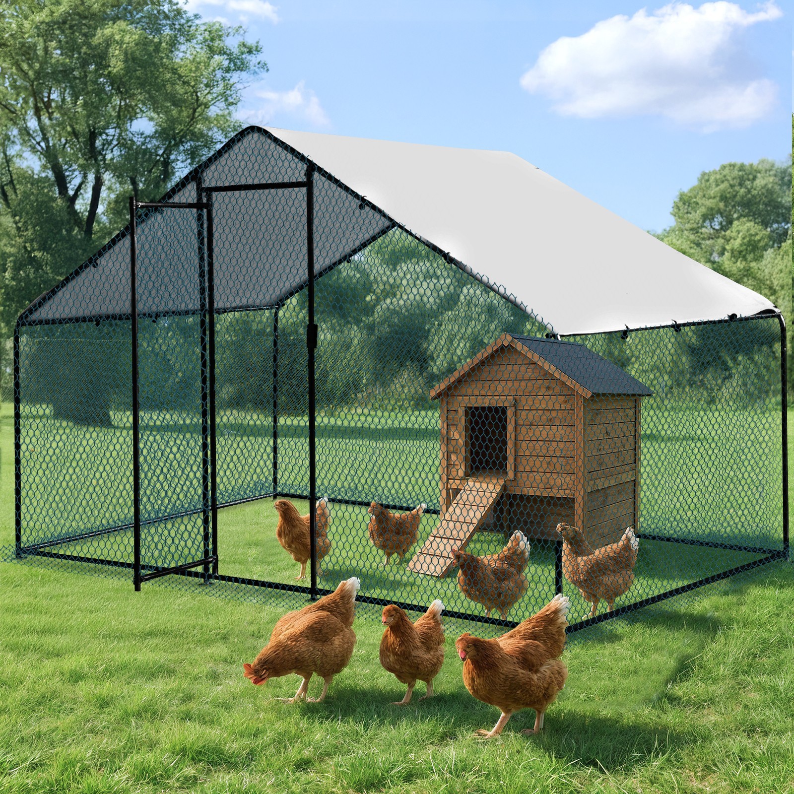 Large Walk-in Metal Chicken Coop Poultry Cage Hen House w/Cover 6.6x9.8x6.6ft