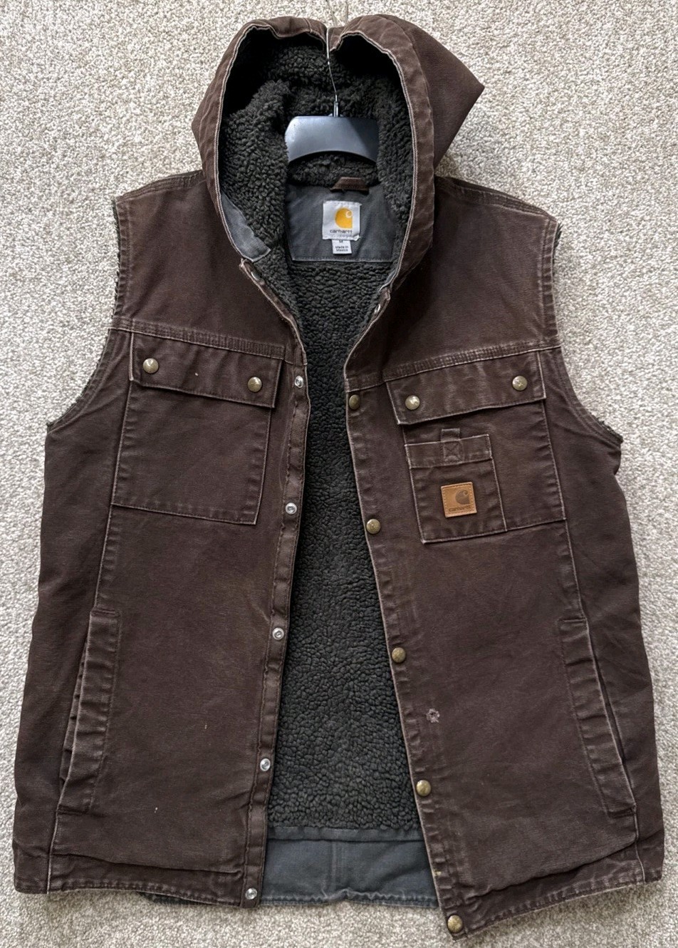 Carhartt Sandstone Sherpa Lined Canvas Hooded Vest Mens Medium Brown 100114-201