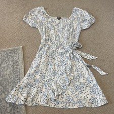 Lily Rose Dress Womens XS White & Blue Floral cap Sleeve Short side tie