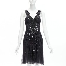 rare VERSACE 2008 black sequins bead embellishment ruffle strap dress IT38 XS