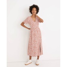Madewell Daisy Floral Midi Dress Red White Short Sleeve V-Neck Pockets XS NA239