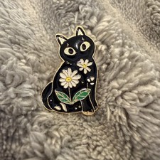 Black Cat Enamel Pin Flower Kitty Daisy Floral Kitten Brooch Cat Lady Gift New