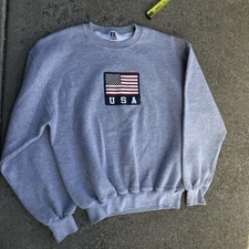 Vintage 90s Russell Athletic USA Sweatshirt Mens Lg. Gray USA Flag 4th Of July