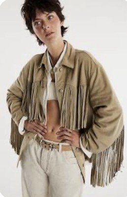 Free People Fringed Out Vegan Suede Jacket We The Free Pockets Smoke Green M NWT