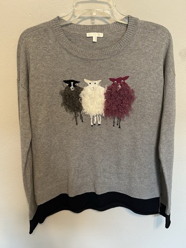 Lisa Todd Grey Fuzzy Sheep Adorned Sweater Size XS Cotton& Cashmere Unique