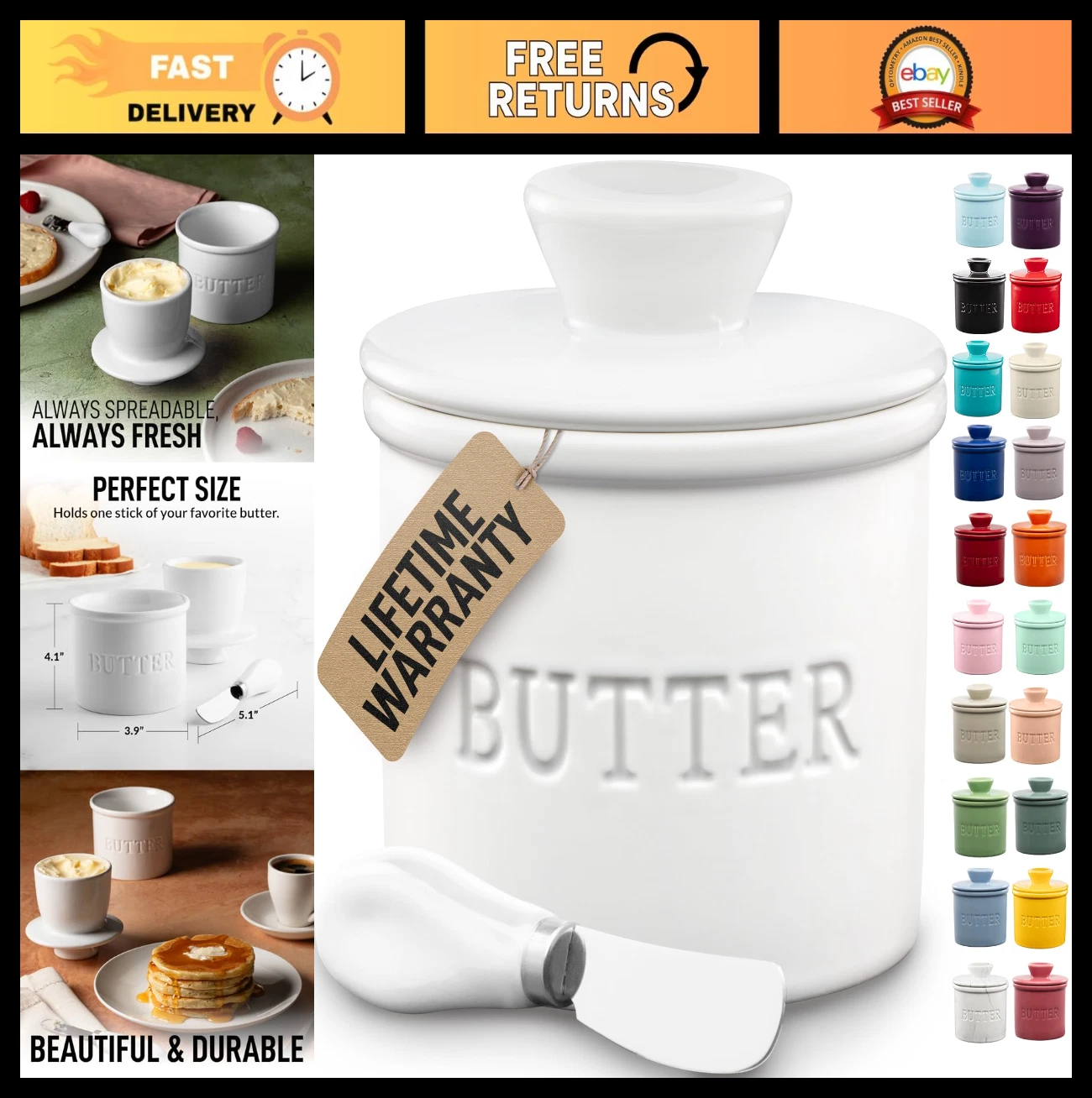 Ceramic Butter Dish with Lid - French Butter Keeper for Soft Spreadable Butter,