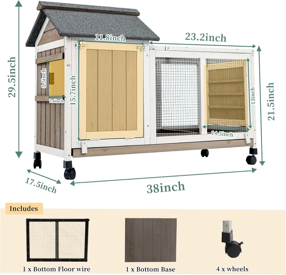 Petscosset 2 Story Outdoor Rabbit Hutch Wooden Bunny Cage Indoor House,Grey - Image 2 of 4