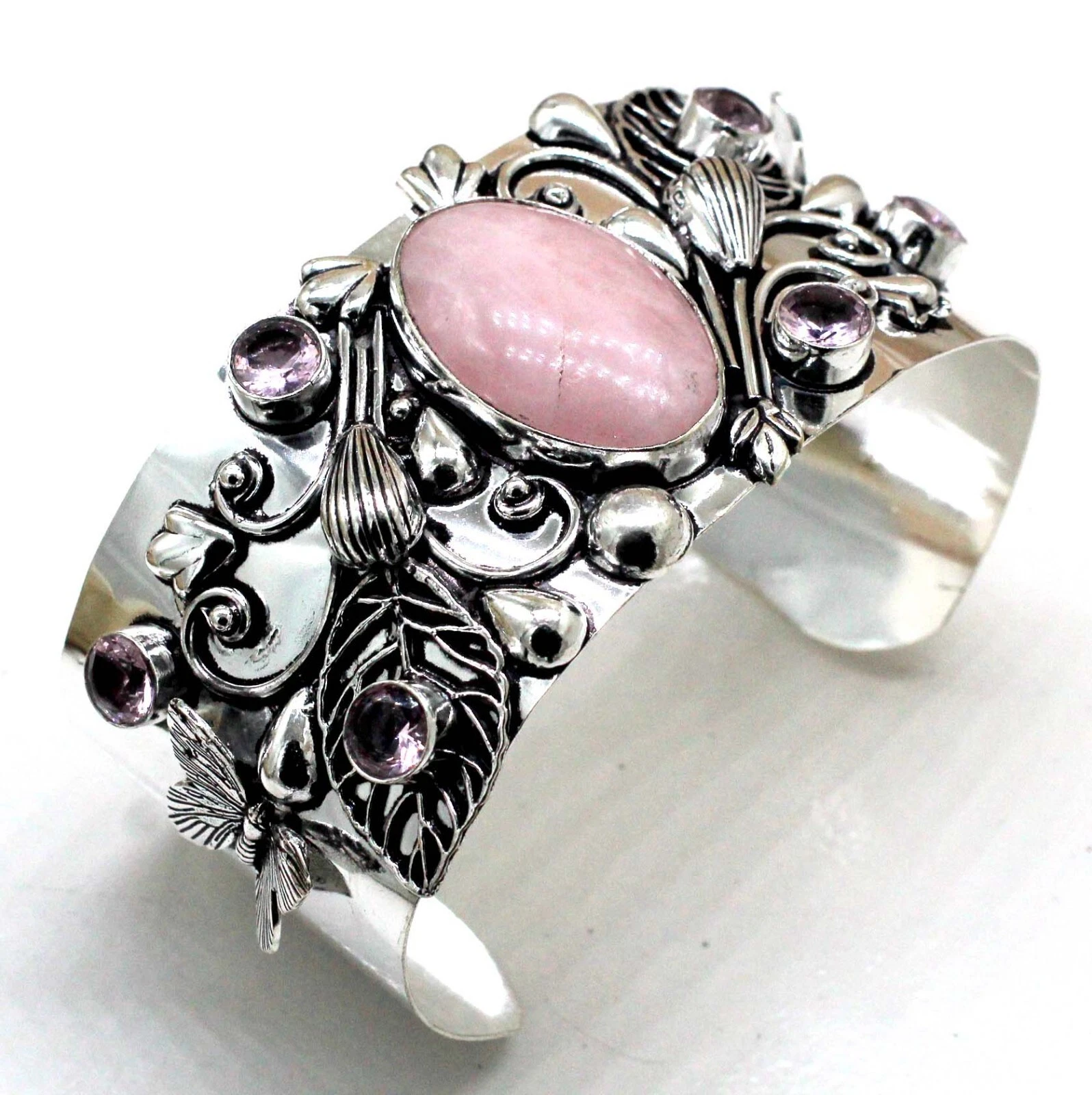 VALENTINO 925 Sterling Silver Rose Quartz & Topaz Gemstone Jewellery Cuff Bracelet Size AJ