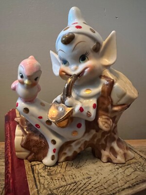RARE Vintage 50s JAPAN (Christmas?) pixie playing sax on log  with pink bird