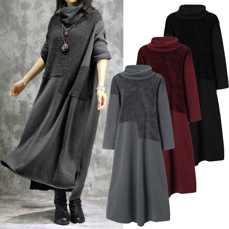 Womens Winter Warm Long Sleeve Turtleneck Neck Casual Loose Patchwork Maxi  Dress | eBay