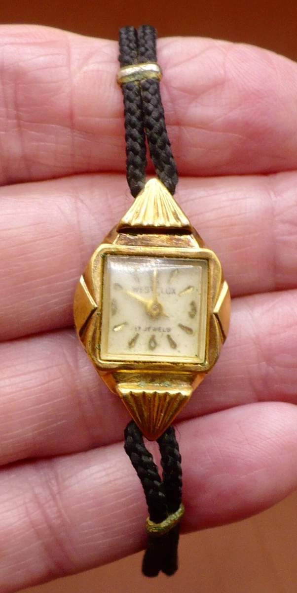 Vintage Ladies Watch WESTCLOX 17 JEWELS Base Metal Bezel Cord Band No Stem