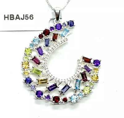 Neu großer Sterlingsilber Multi Edelstein Cluster Anhänger Halskette