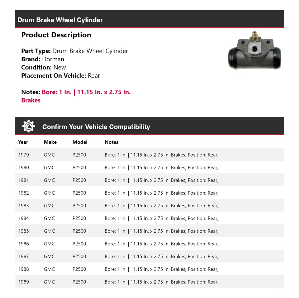 Cilindro de rueda de freno de tambor trasero para GMC P2500 1979-1989 Dorman 1980 1981 1982 Foto 2 de 3