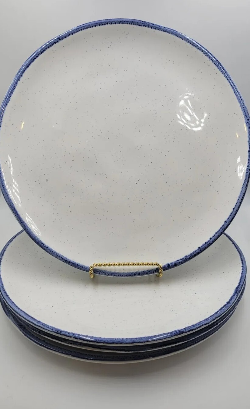 Set of 6 Primagera Speckled Dimpled Blue Rim Stoneware Dinner Plates