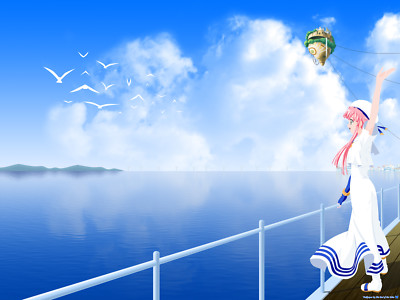 Anime girls aria sky pink hair dress sea birds water Playmat Game Mat Desk