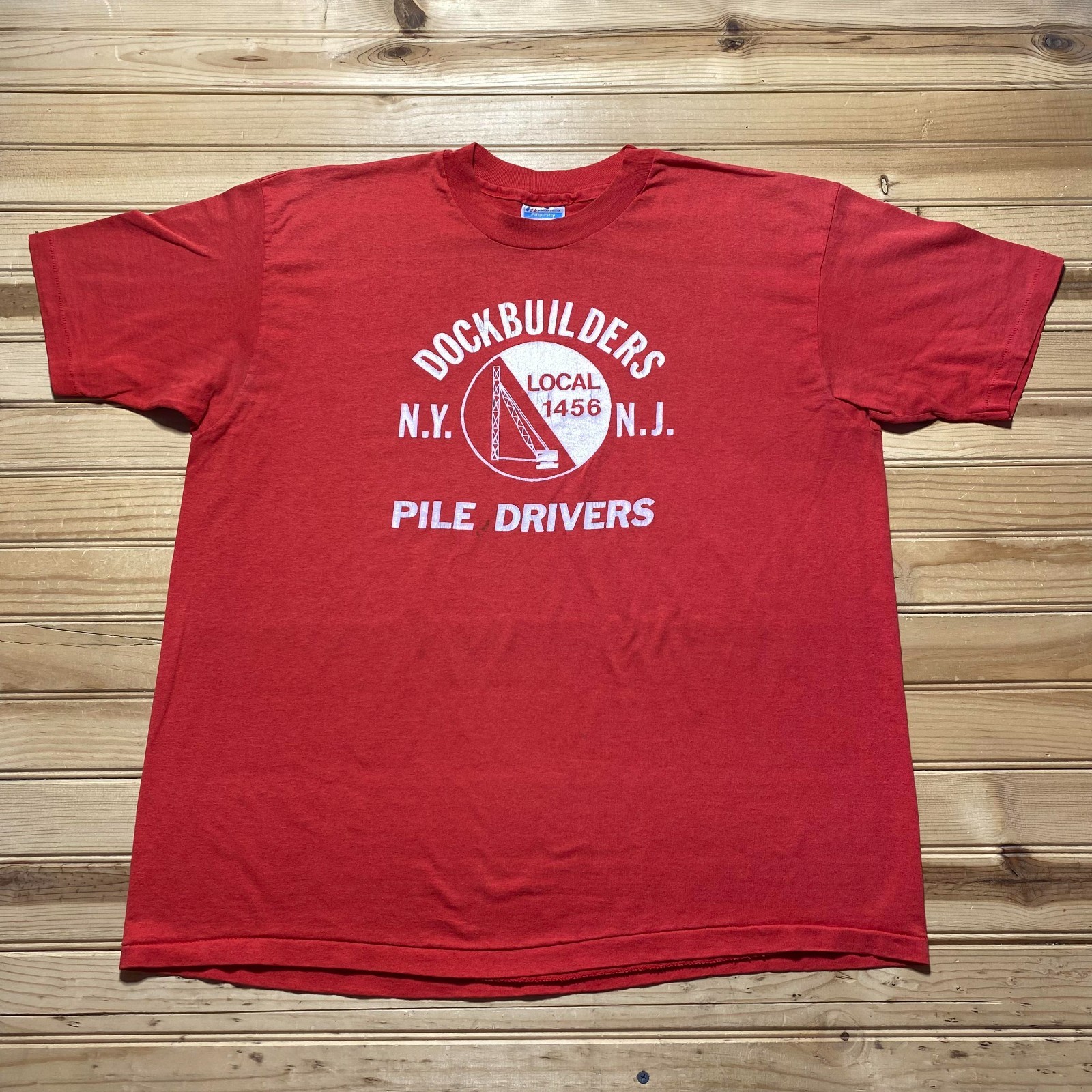 Vintage 80s Hanes Dockbuilders Local Pile Drivers NY NJ Union T-Shirt USA - XL