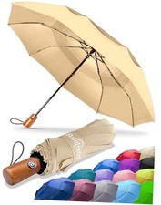 Windproof Travel Umbrellas for Rain Automatic 10 Bigger Canopy M Beige