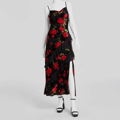 BCX Women's Black Tiered Ruffled Rose-Print Velvet Maxi Dress Size XL