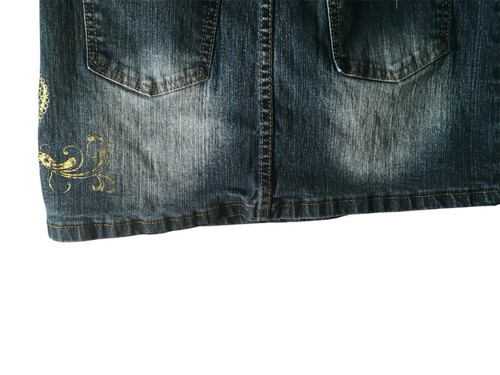 OLD SKOOL Blue Jean Skirt Logo Gold Color Graphic Women’s SZ 14 - Picture 7 of 16