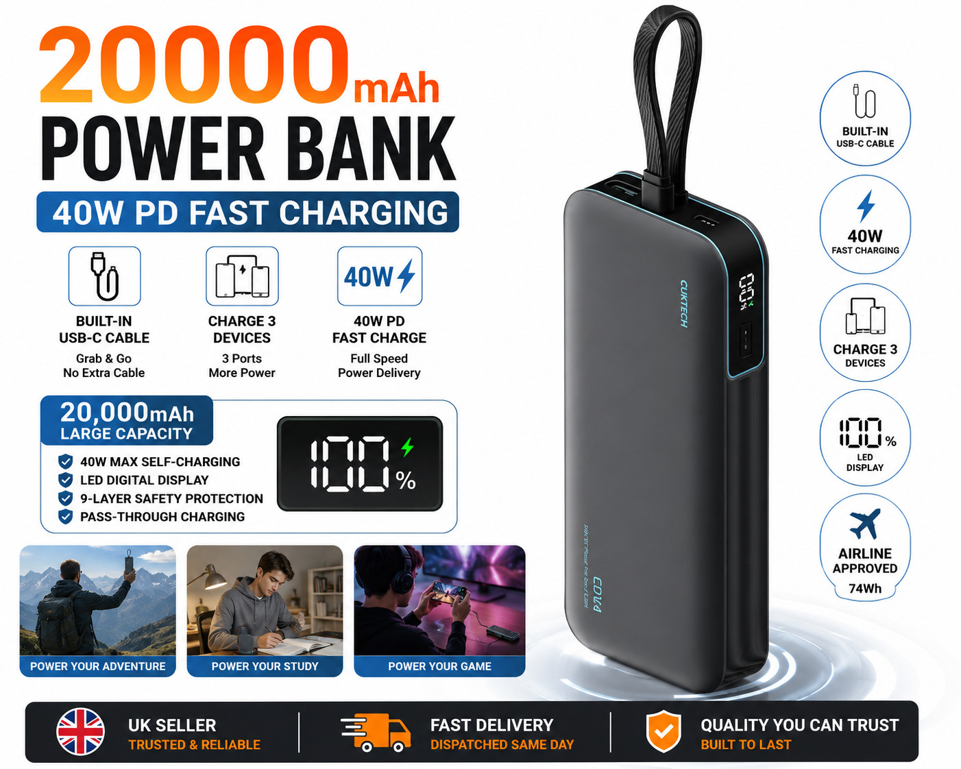 20000mAh Power Bank 40W PD Fast Charge Built In USB-C Cable 3 Port Charger