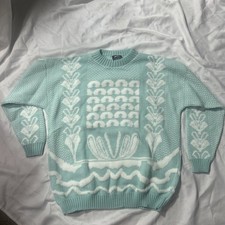 Adorable 80  s Vintage Geometric Pattern Sweater in Pale Seafoam Color
